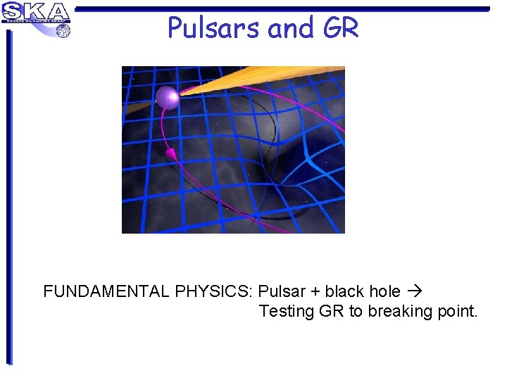 Pulsars and GR FUNDAMENTAL PHYSICS: Pulsar + black hole Testing GR to breaking point.