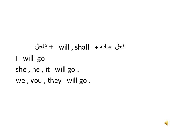  ﻓﺎﻋﻞ + will , shall + ﻓﻌﻞ ﺳﺎﺩﻩ I will go she ,