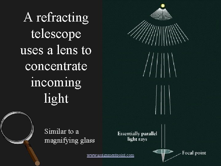 A refracting telescope uses a lens to concentrate incoming light Similar to a magnifying