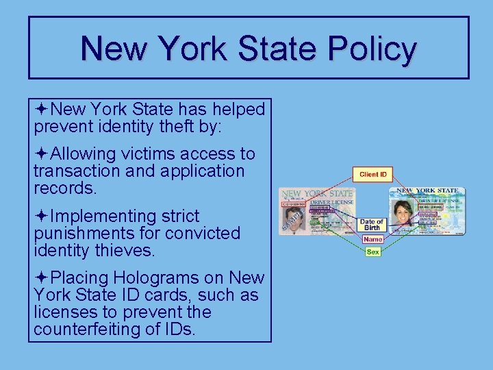 New York State Policy ªNew York State has helped prevent identity theft by: ªAllowing