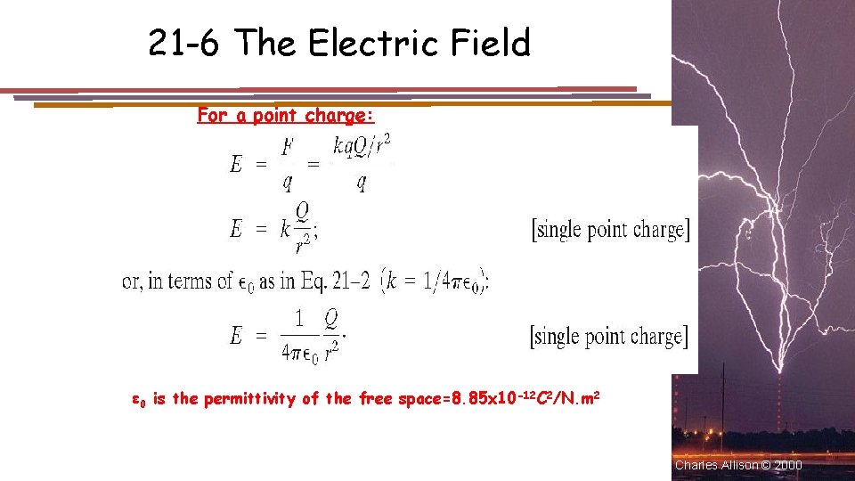 21 -6 The Electric Field For a point charge: ε 0 is the permittivity