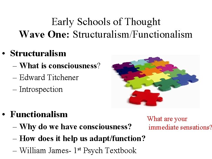 Early Schools of Thought Wave One: Structuralism/Functionalism • Structuralism – What is consciousness? –