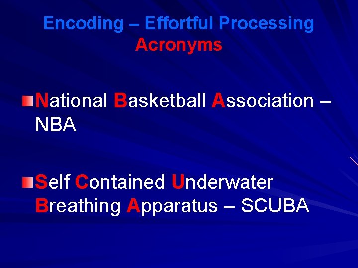 Encoding – Effortful Processing Acronyms National Basketball Association – NBA Self Contained Underwater Breathing