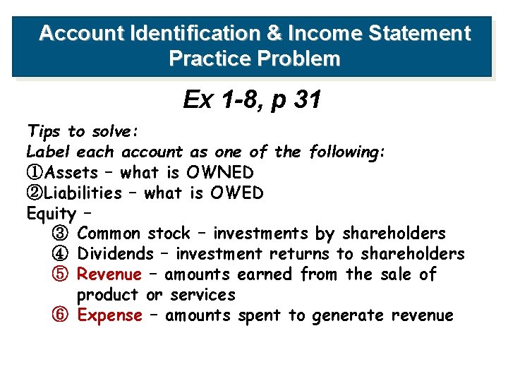 Account Identification & Income Statement Practice Problem Ex 1 -8, p 31 Tips to