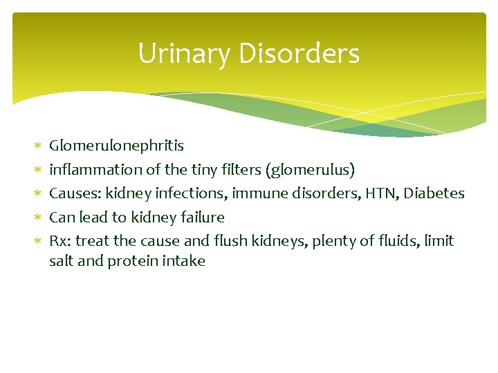 Urinary Disorders Glomerulonephritis inflammation of the tiny filters (glomerulus) Causes: kidney infections, immune disorders,