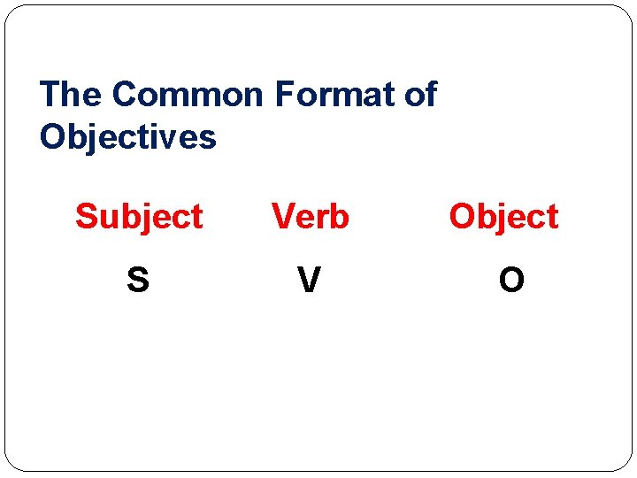 The Common Format of Objectives Subject Verb Object S V O 