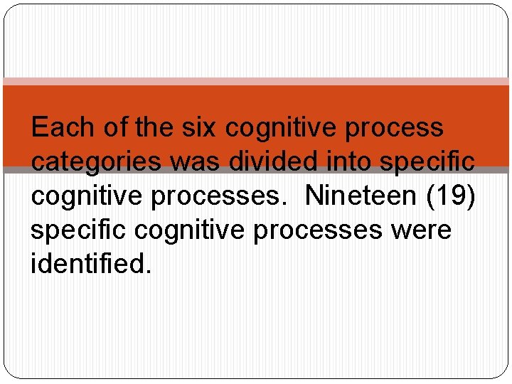 Each of the six cognitive process categories was divided into specific cognitive processes. Nineteen
