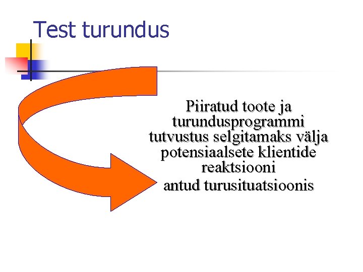 Test turundus Piiratud toote ja turundusprogrammi tutvustus selgitamaks välja potensiaalsete klientide reaktsiooni antud turusituatsioonis