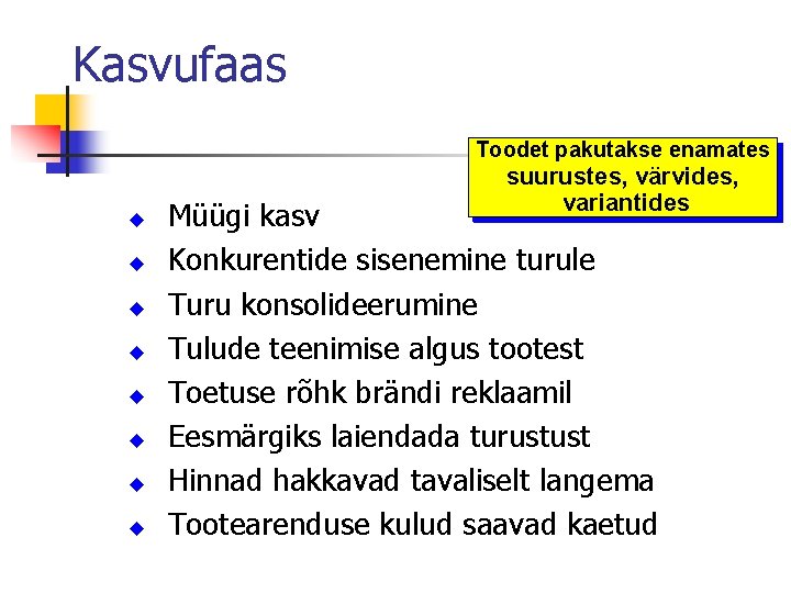 Kasvufaas Toodet pakutakse enamates suurustes, värvides, variantides Müügi kasv Konkurentide sisenemine turule Turu konsolideerumine