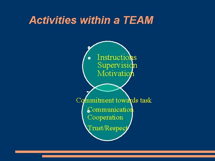 Activities within a TEAM Instructions Supervision Motivation Commitment towards task Communication Cooperation Trust/Respect 