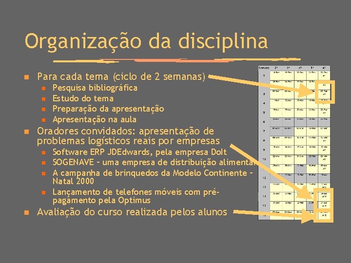 Organização da disciplina n Para cada tema (ciclo de 2 semanas) n n n