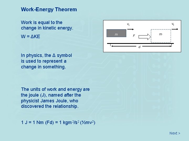 Work-Energy Theorem Work is equal to the change in kinetic energy. W = ΔKE