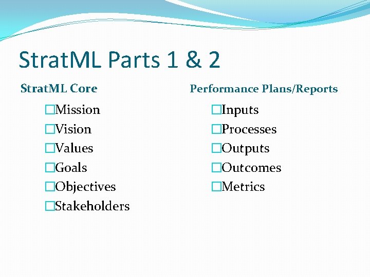 Strat. ML Parts 1 & 2 Strat. ML Core �Mission �Vision �Values �Goals �Objectives