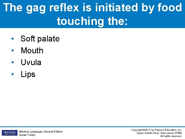 The gag reflex is initiated by food touching the: • • Soft palate Mouth