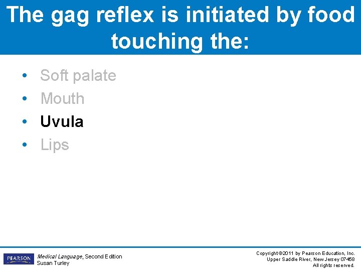 The gag reflex is initiated by food touching the: • • Soft palate Mouth