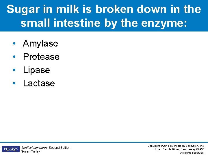 Sugar in milk is broken down in the small intestine by the enzyme: •