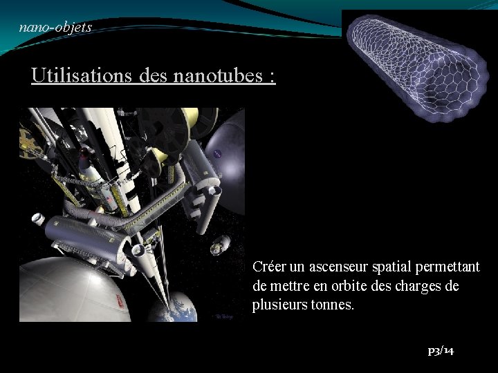 nano-objets Utilisations des nanotubes : Créer un ascenseur spatial permettant de mettre en orbite