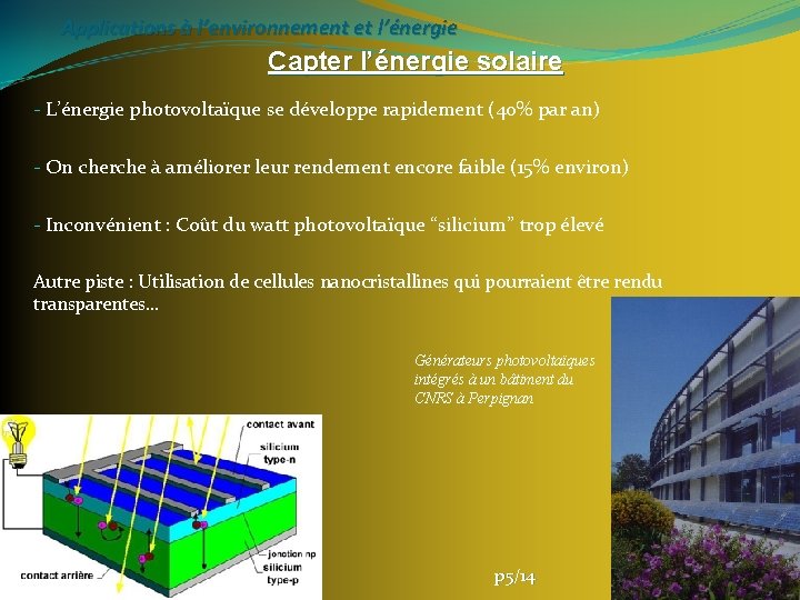 Applications à l’environnement et l’énergie Capter l’énergie solaire - L’énergie photovoltaïque se développe rapidement