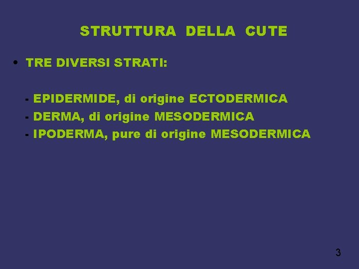 STRUTTURA DELLA CUTE • TRE DIVERSI STRATI: - EPIDERMIDE, di origine ECTODERMICA - DERMA,