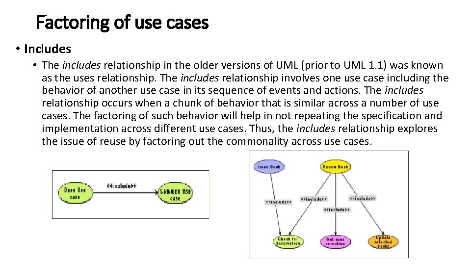 Factoring of use cases • Includes • The includes relationship in the older versions Factoring of use cases • Includes • The includes relationship in the older versions