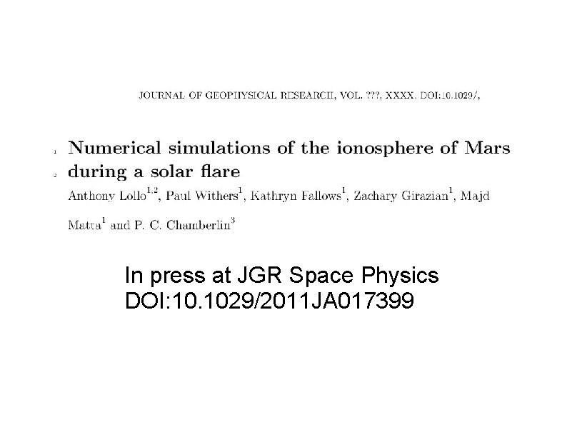 In press at JGR Space Physics DOI: 10. 1029/2011 JA 017399 