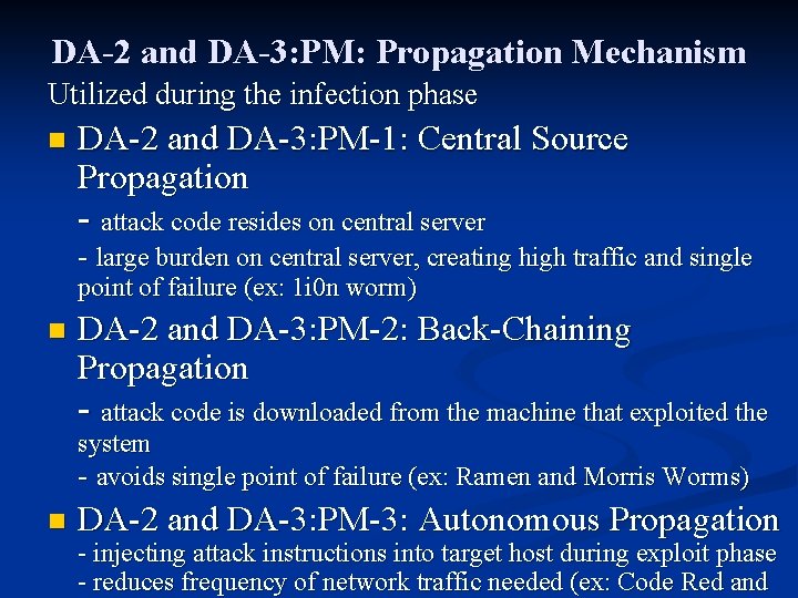 DA-2 and DA-3: PM: Propagation Mechanism Utilized during the infection phase n DA-2 and