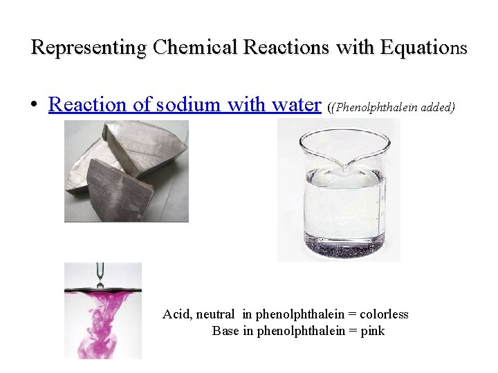 Representing Chemical Reactions with Equations • Reaction of sodium with water ((Phenolphthalein added) Acid,