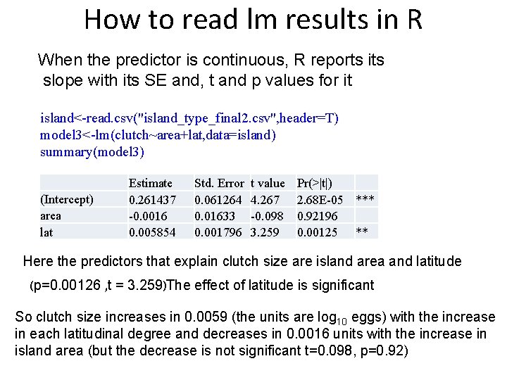 How to read lm results in R When the predictor is continuous, R reports