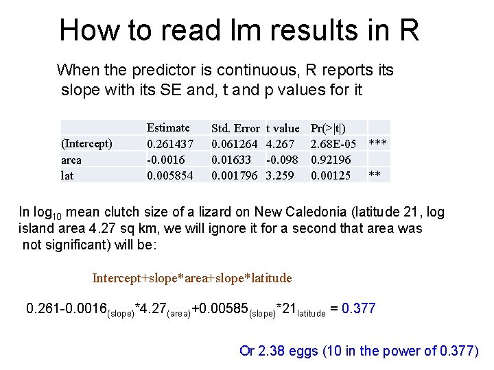 How to read lm results in R When the predictor is continuous, R reports