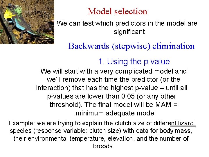 Model selection We can test which predictors in the model are significant Backwards (stepwise)