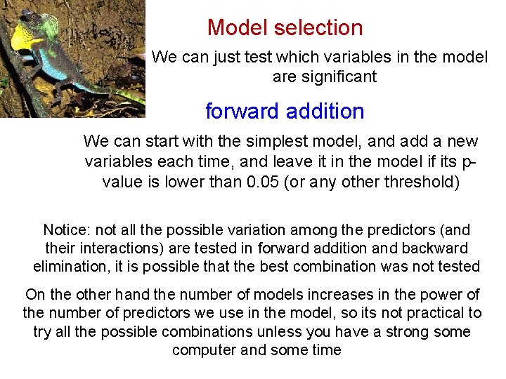 Model selection We can just test which variables in the model are significant forward