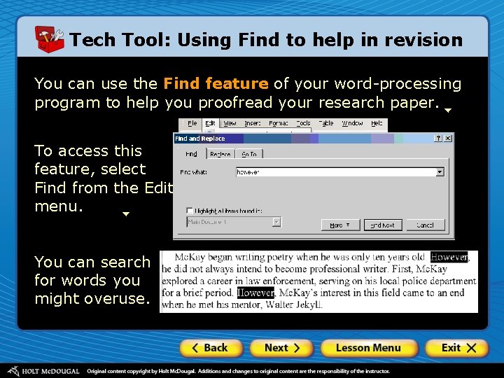 Tech Tool: Using Find to help in revision You can use the Find feature