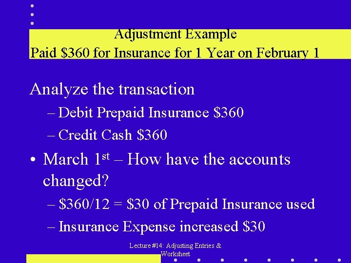 Adjustment Example Paid $360 for Insurance for 1 Year on February 1 Analyze the