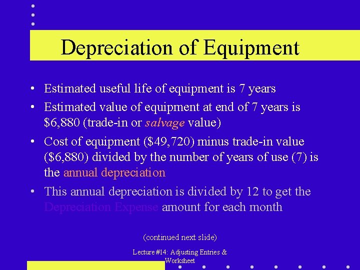 Depreciation of Equipment • Estimated useful life of equipment is 7 years • Estimated