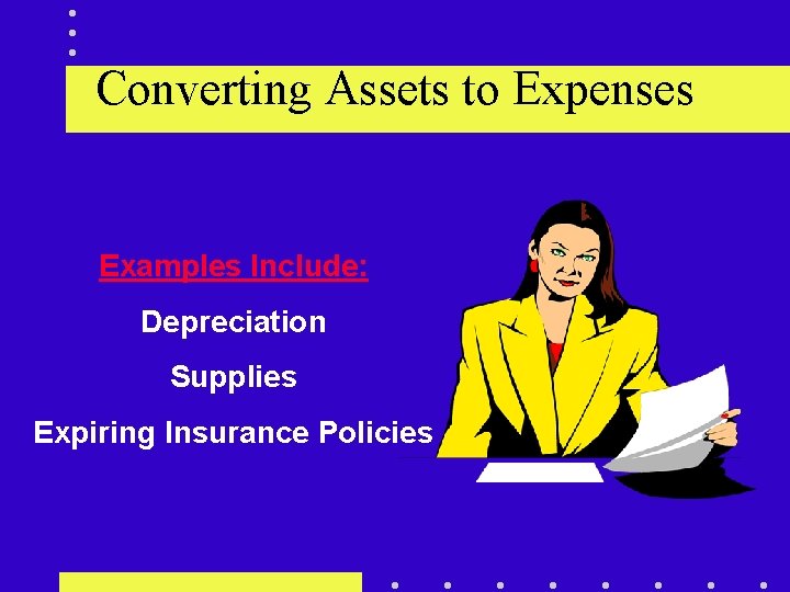 Converting Assets to Expenses Examples Include: Depreciation Supplies Expiring Insurance Policies 