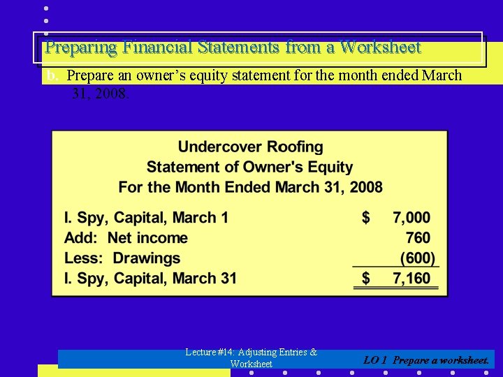 Preparing Financial Statements from a Worksheet b. Prepare an owner’s equity statement for the