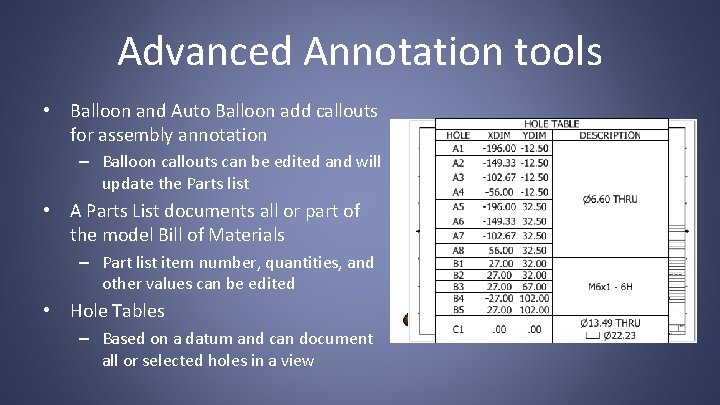 Advanced Annotation tools • Balloon and Auto Balloon add callouts for assembly annotation –
