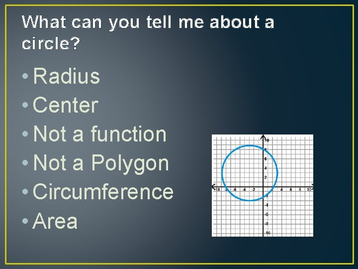 What can you tell me about a circle? • Radius • Center • Not