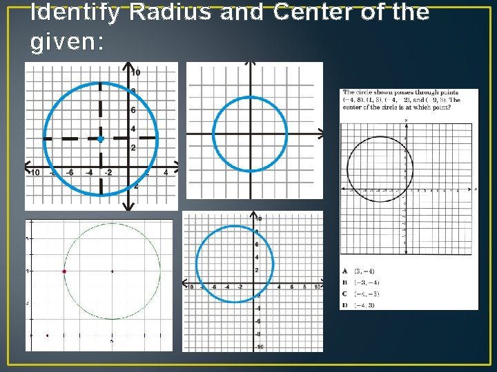 Identify Radius and Center of the given: 