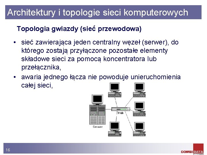 Architektury i topologie sieci komputerowych Topologia gwiazdy (sieć przewodowa) • sieć zawierająca jeden centralny