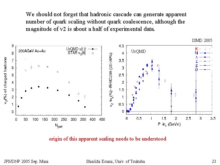 We should not forget that hadronic cascade can generate apparent number of quark scaling