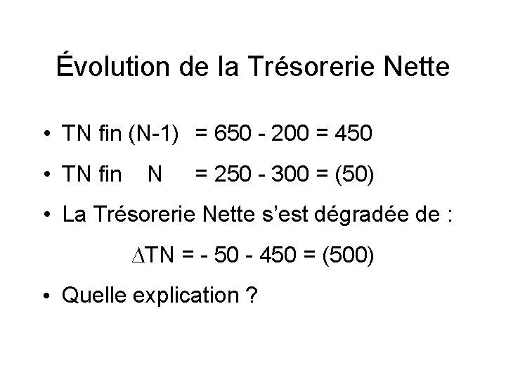 Évolution de la Trésorerie Nette • TN fin (N-1) = 650 - 200 =