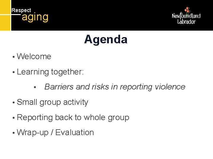 Respect aging Agenda • Welcome • Learning • • Small together: Barriers and risks