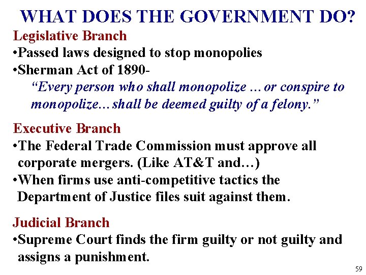 WHAT DOES THE GOVERNMENT DO? Legislative Branch • Passed laws designed to stop monopolies