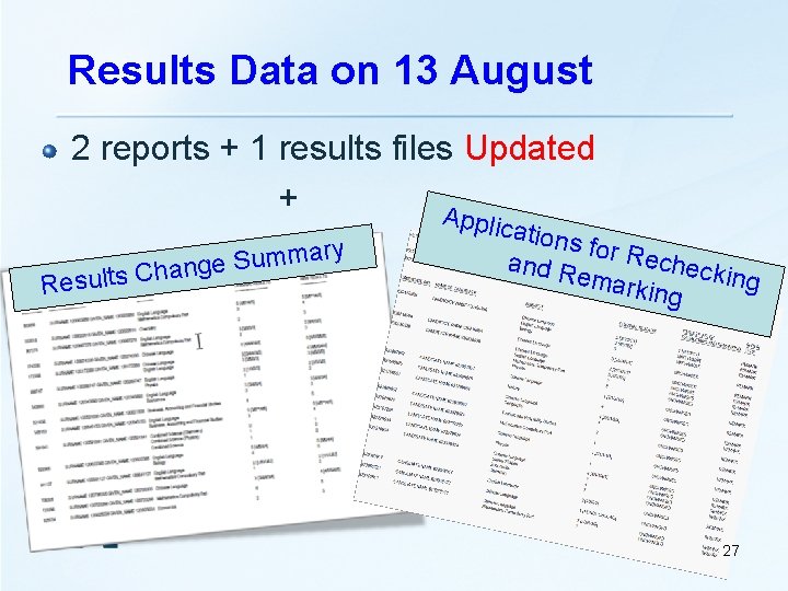 Results Data on 13 August 2 reports + 1 results files Updated + A