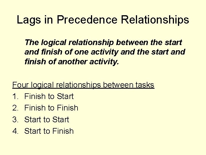 Lags in Precedence Relationships The logical relationship between the start and finish of one