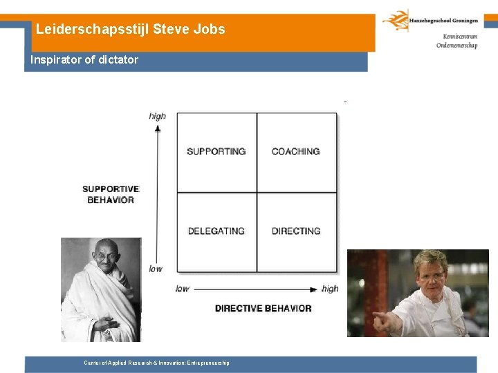 Leiderschapsstijl Steve Jobs Inspirator of dictator Center of Applied Research & Innovation: Entrepreneurship 