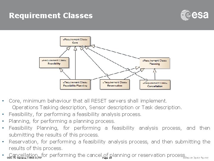 Requirement Classes • • • Core, minimum behaviour that all RESET servers shall implement.