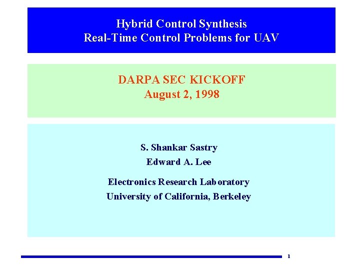 Hybrid Control Synthesis Real-Time Control Problems for UAV DARPA SEC KICKOFF August 2, 1998