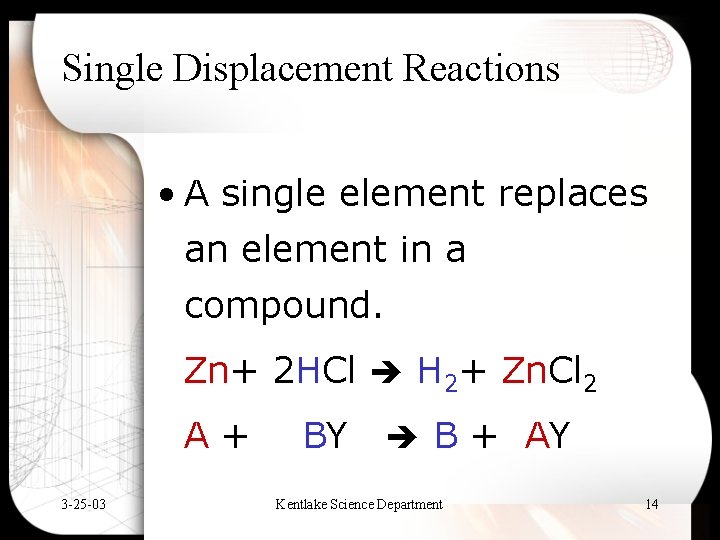 Single Displacement Reactions • A single element replaces an element in a compound. Zn+